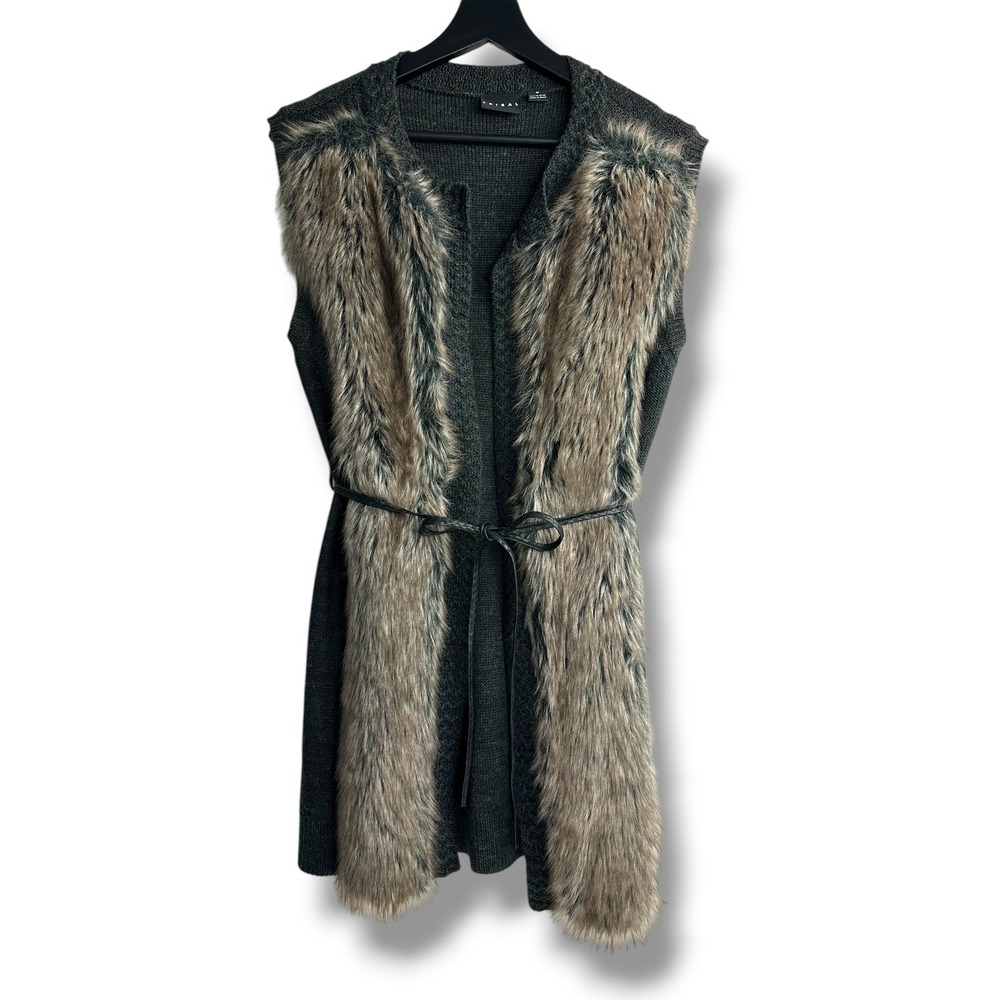 Tribal Womens Charcoal Grey Faux Fur Trim Longline Knit Belted‎ Vest Medium